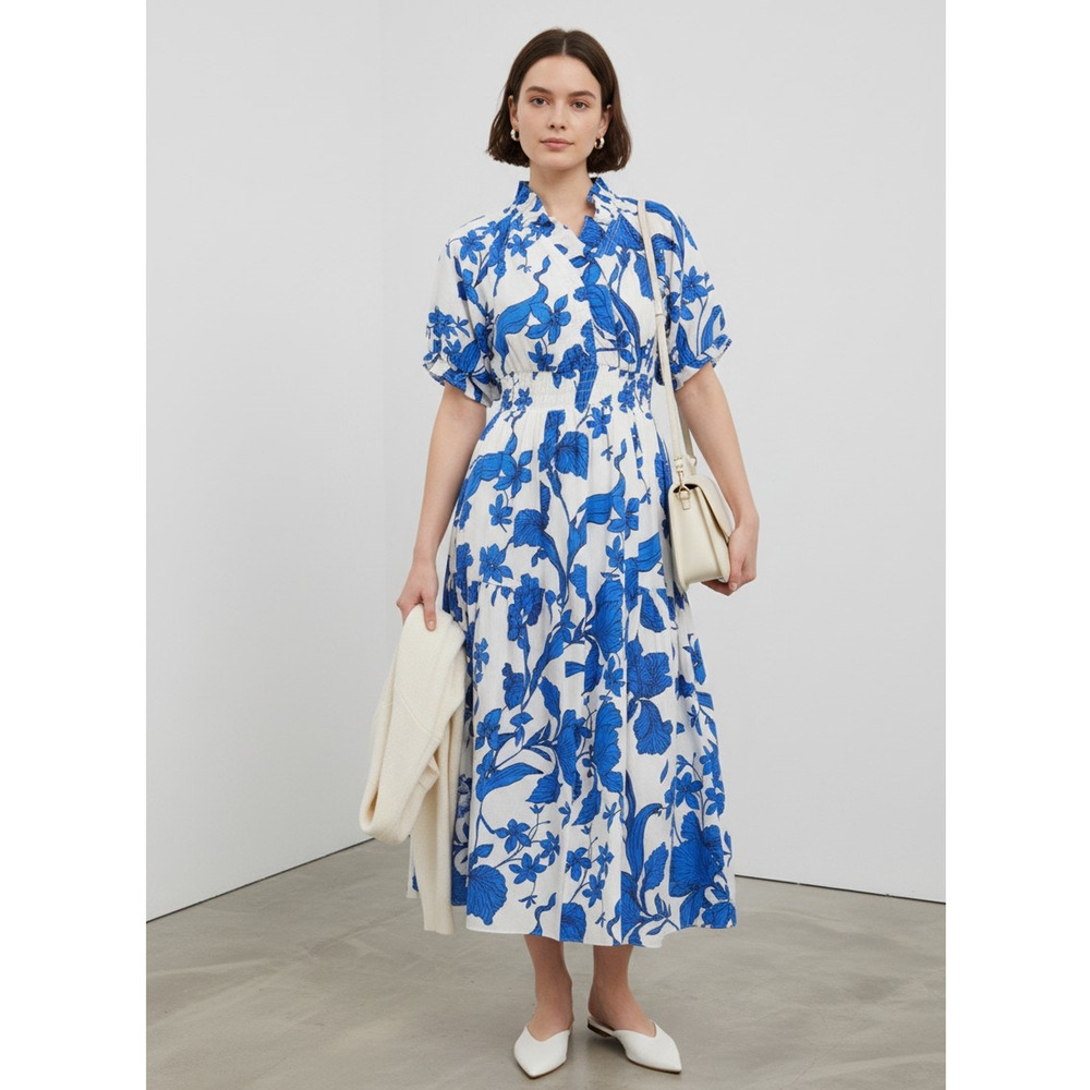 NWT Umgee Blue White Floral Smocked Midi Dress V-Neck Puff Sleeve S